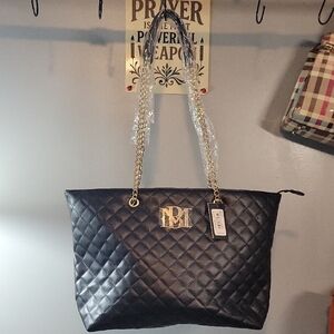 Badgley Mischka Black Quilted Tote with Gold Chain